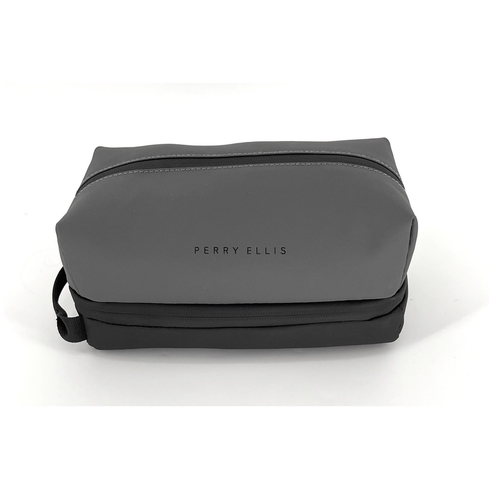 Perry Ellis Mens Travel Kit Toiletry Bag Grey Black Spacious NWT $50 TPS1058